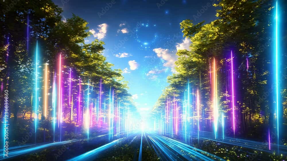 Poster digital energy streams flowing through a lush forest. ai-driven environmental data and the future of