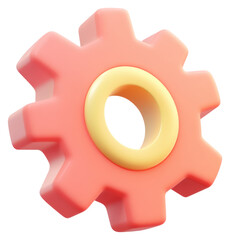 A vibrant gear-shaped object featuring a central hole, designed in pink and yellow colors.