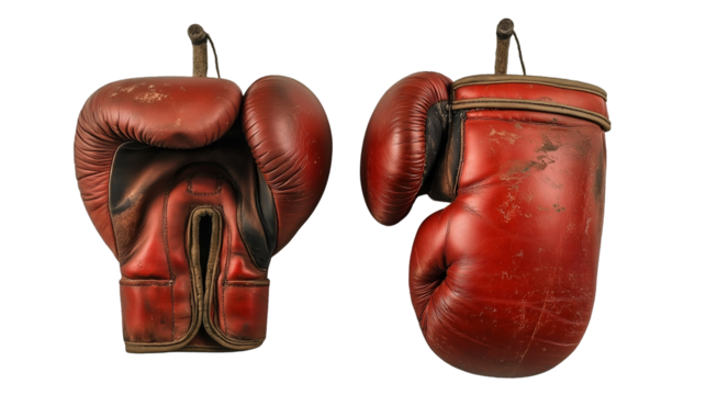 Hanging Boxing Gloves Red Leather, Retro Combat Equipment for Gym Training, isolated on transparent background.