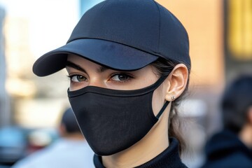 Young woman wearing black cap and mask against urban background, featuring striking gaze and focused expression in vibrant city setting, showcasing modern lifestyle and health awareness.