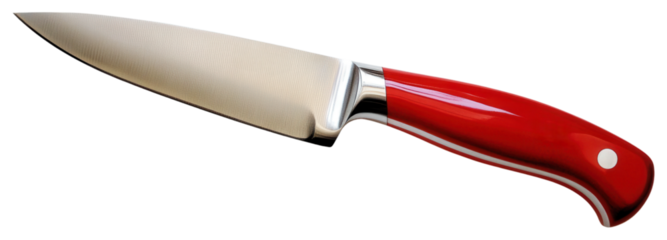 A sleek kitchen knife with a sharp blade and a vibrant red handle, designed for precision cutting tasks.