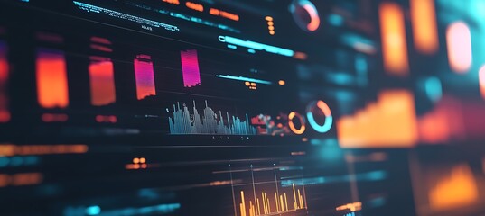 An abstract digital interface with various business metrics and blank space for text