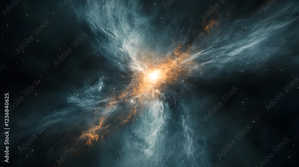Poster stunning image of a fiery cosmic explosion within a brilliantly glowing celestial nebula revealing t
