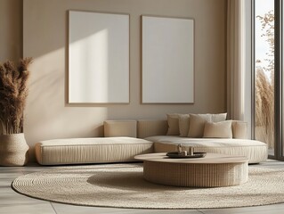 A living room interior in beige and neutral tones features a curved sectional sofa, a round coffee table, a woven rug, and a large framed artwork