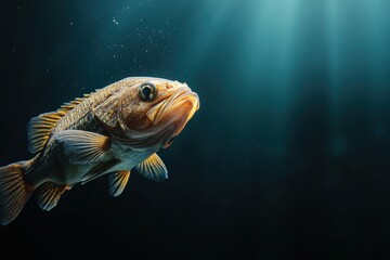 Fototapeta premium Dive into the depths where a confused fish swims aimlessly through dark waters, encountering the effects of nitrogen narcosis