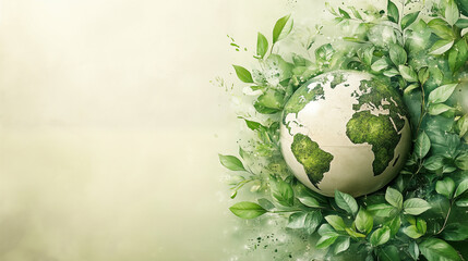 Green Earth illustration with fresh leaves emerging around globe, representing environmental conservation and sustainable future concept