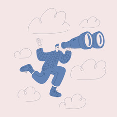 Cartoon vector illustration of a man in the clouds looking through a giant binoculars, symbolizing exploration, vision, and reaching for new horizons