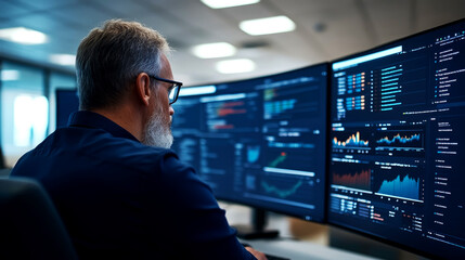 Fototapeta premium Enhancing office productivity through data analysis insights from a modern workspace with multi-monitor setup