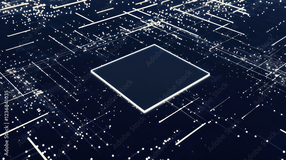 Poster dark digital circuit board; glowing square; data streams; technology background; website header