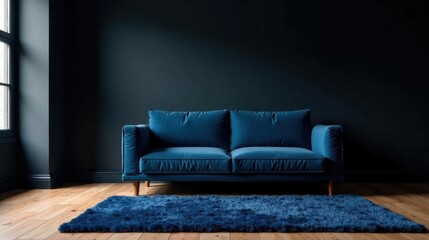 Serene Blue Velvet Sofa in a Dark Room with a Shaggy Rug