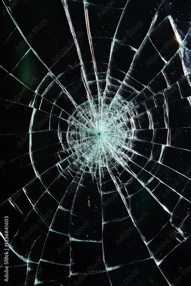 Poster close up view of a shattered glass surface with a central impact point, radiating cracks creating a 