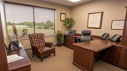 Fototapeta premium Modern Executive Office with Leather Chair and Large Desk
