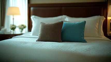 Luxurious hotel bedroom with comfortable bedding and decorative pillows