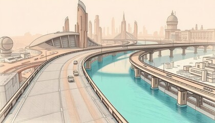 Naklejka premium Futuristic transportation infrastructure urban landscape digital art cityscape aerial view modern design concepts