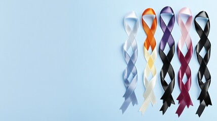 This stock photo features an array of cancer ribbons arranged in the shape of an on a light blue background, symbolizing support and awareness for various medical causes such as Cancer Awareness Day. 