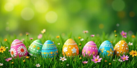 Fototapeta premium A springtime scene of vibrant, decorated eggs nestled amongst blossoming wildflowers in a verdant meadow