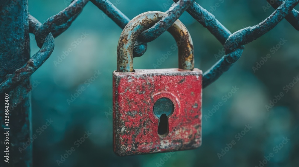 Aufkleber old weathered red padlock securing a chain link fence with bokeh background