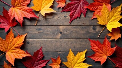 Autumnal foliage arranged on a rustic wooden surface creates a vibrant seasonal border