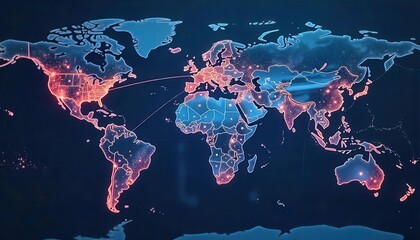 Global connectivity visualization interactive world map technology data representation digital environment aerial view information flow