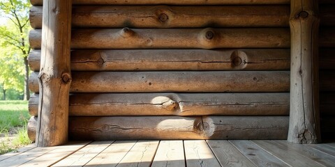 Obraz premium Rustic Wooden Cabin Exterior Wall and Floor Detail Showing Sunlit Timber Beams and Planks