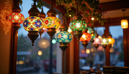 Turkish mosaic lanterns glowing in cozy cafe on rainy day, ambiance