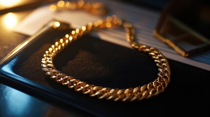 Fototapeta premium gold curb chain necklace on dark background