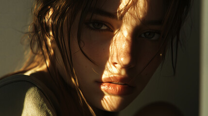 Golden hour light illuminates a woman's face.