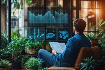 Man analyzing stock data on futuristic digital screens in a lush indoor environment. Concept of sustainable investing and eco-friendly technology.