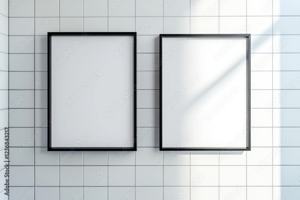 Poster perfectly placed blank canvas frames bring artistic potential to a serene restroom space filled with