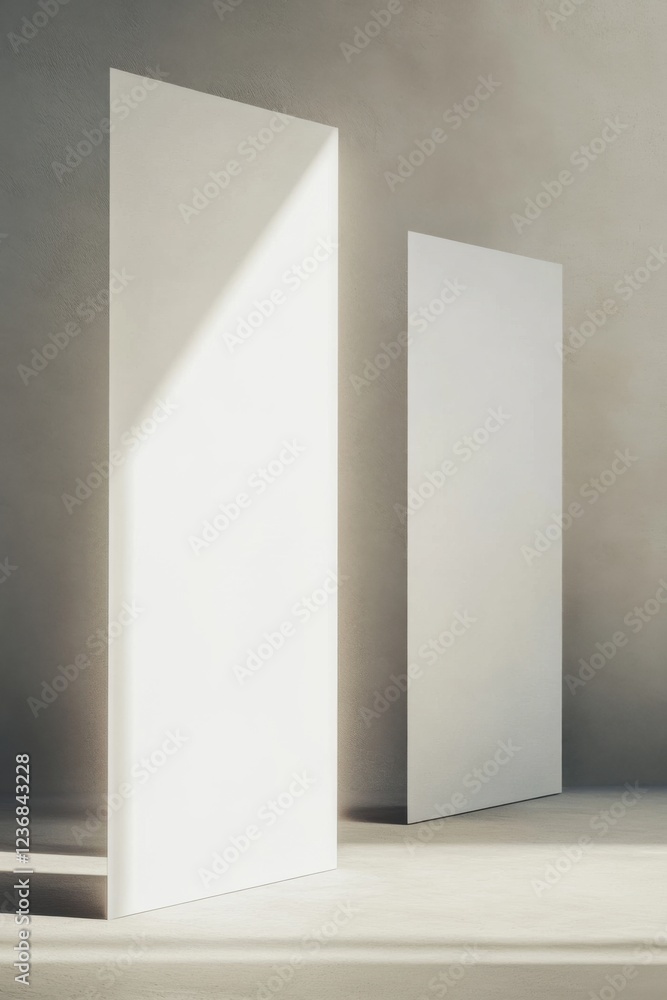 Poster blank canvas effect with tall banners against a soft light gray background for creative expression a