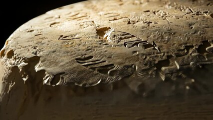 Close-up view of ancient cuneiform inscriptions on a clay tablet discovered in Mesopotamia during archaeological excavation