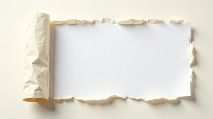 Rolled parchment paper reveals a blank, irregularly torn white sheet, ready for your message or design.