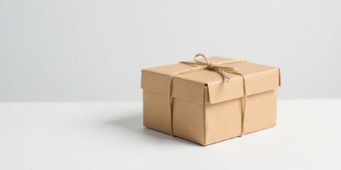 A simple kraft paper gift box tied with rustic twine, presented on a clean white surface, ready for a thoughtful present