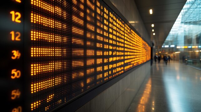 Illuminated LED Stock Ticker Display in Modern Airport or Train Station
