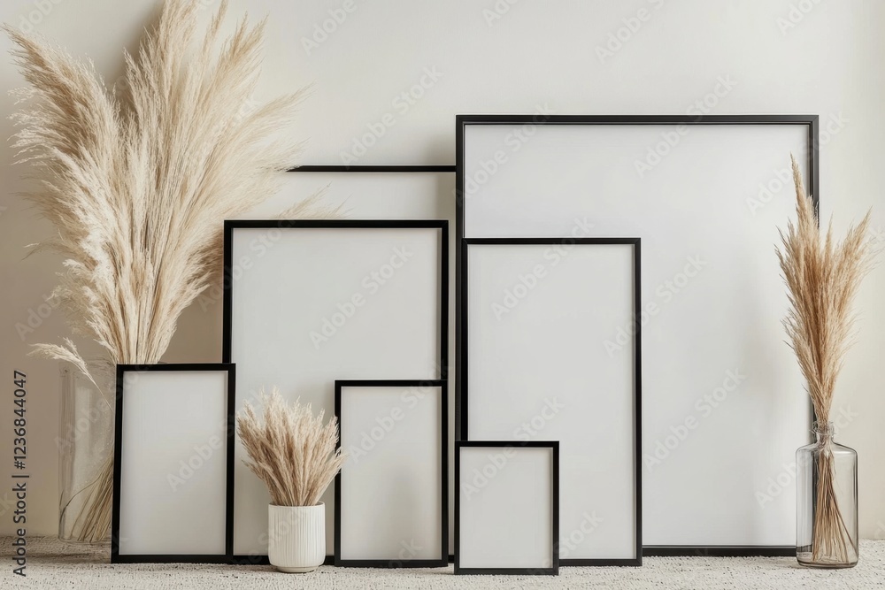 Poster visual harmony created by five distinct black-framed white canvases in varying sizes, elegantly arra