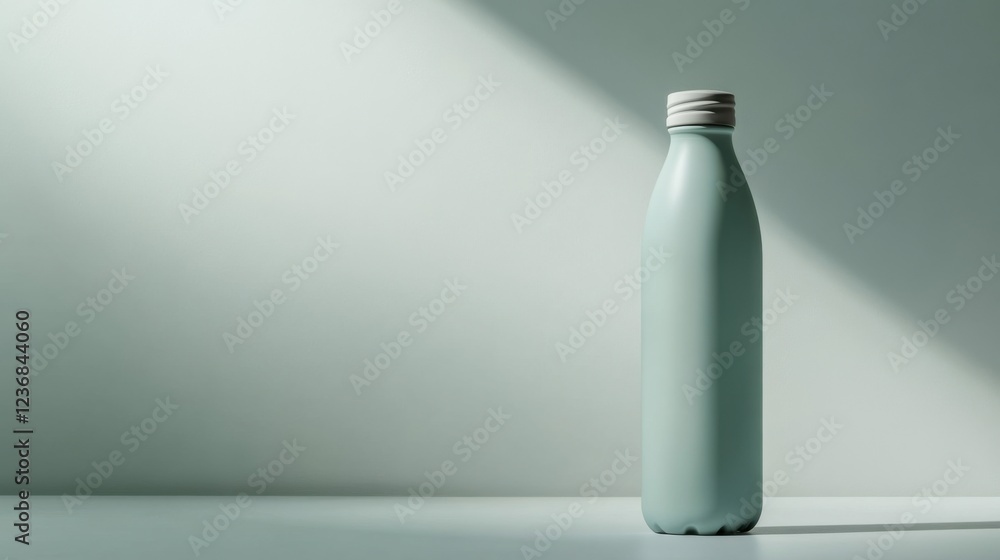 Poster sleek design of an empty reusable water bottle on a minimalist surface with soft lighting for a mode