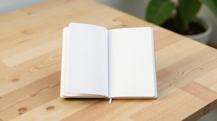 Fototapeta premium Blank Notebook Open on Light Wooden Tabletop, Ready for Ideas and Notes