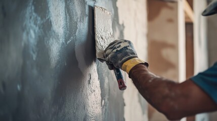 An intimate shot of a plasterer applying finishing plaster on interior walls at a construction site, Plastering scene, Artistic and textured style