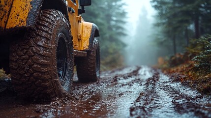 Mud caked Car Tire Leaving Tracks in Dense Misty Forest Landscape