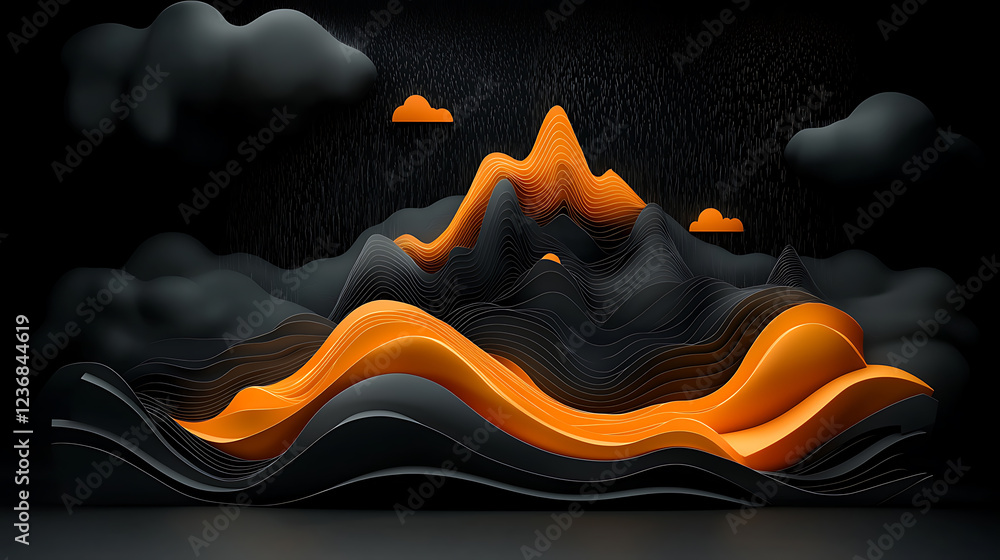 Poster dynamic rainfall density visualization abstract landscape 3d art digital environment aerial view flu