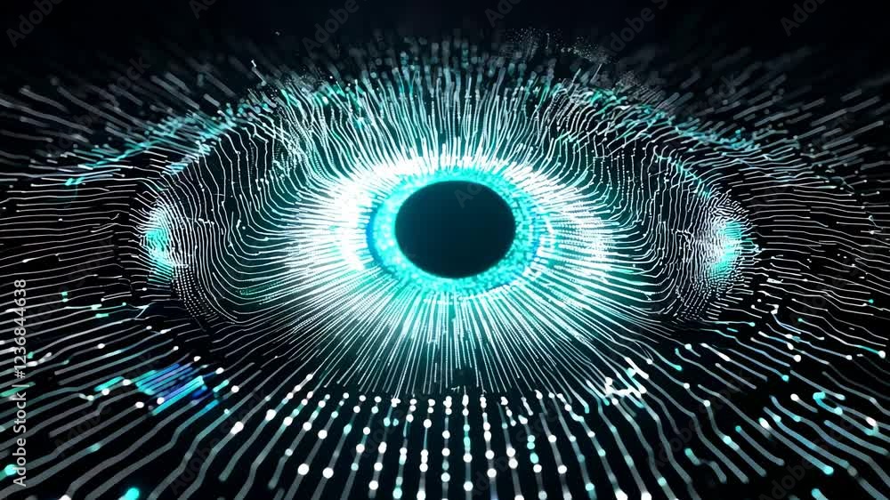 Poster futuristic digital eye composed of glowing data particles. concept of artificial intelligence, cyber