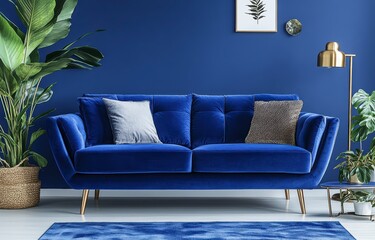Velvet blue sofa with gold legs in a modern living room, featuring a blue wall, potted plants, and a floor lamp. Stylish and comfortable interior