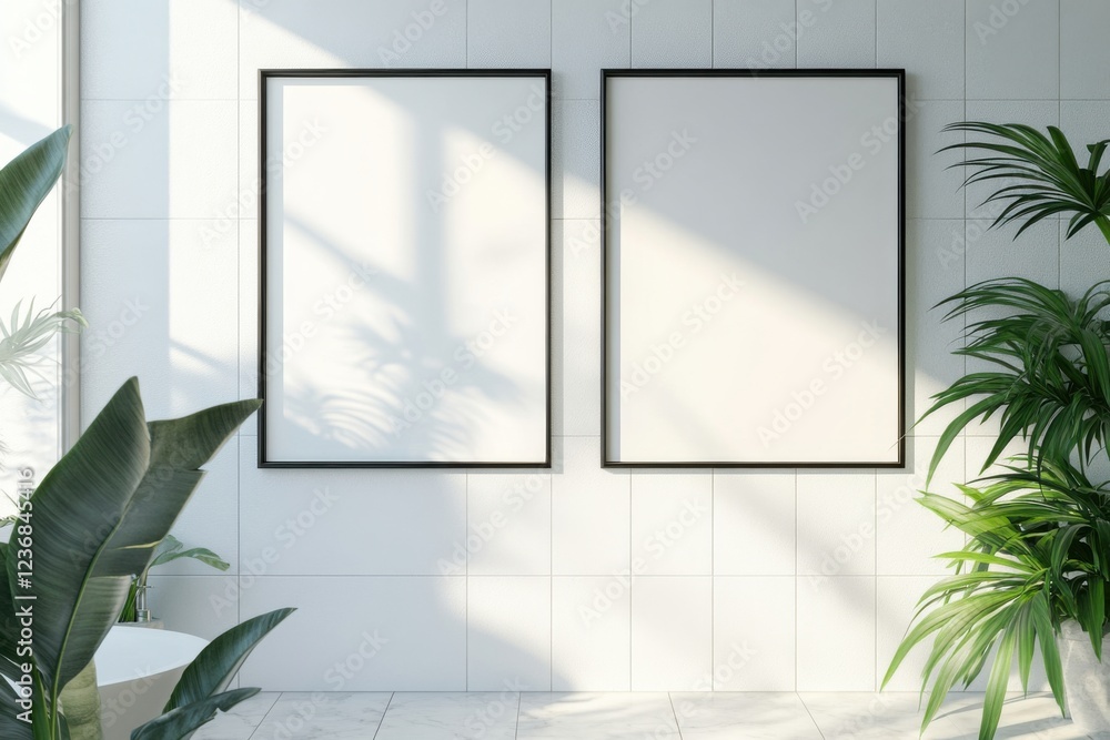 Poster elegant bathroom mockup featuring blank canvas frames with soft light and shadows enhancing the sere