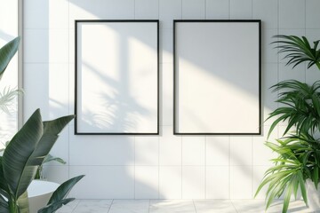 Elegant bathroom mockup featuring blank canvas frames with soft light and shadows enhancing the serene atmosphere