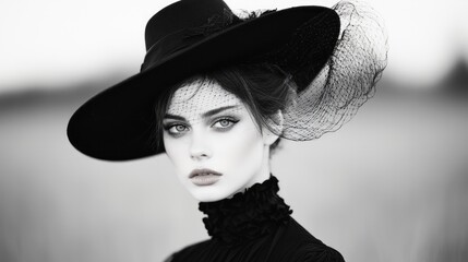 Elegant woman, black hat, field, monochrome portrait