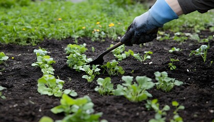 Fototapeta premium Gardener tending young plants in a garden bed