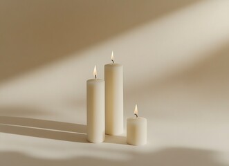 Three white candles isolated on a beige background, a minimalistic composition, a stock photo, a studio shot, natural lighting, high-resolution photography. 