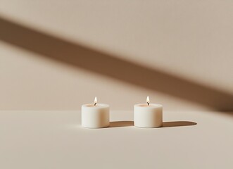 Three white candles isolated on a beige background, a minimalistic composition, a stock photo, a studio shot, natural lighting, high-resolution photography. 