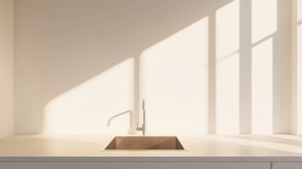 Modern minimalist kitchen sink in bright, airy space showcasing sleek design and empty walls