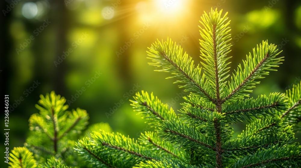 Poster close up of vibrant green pine tree branch, sunlight filtering through forest background, creating a